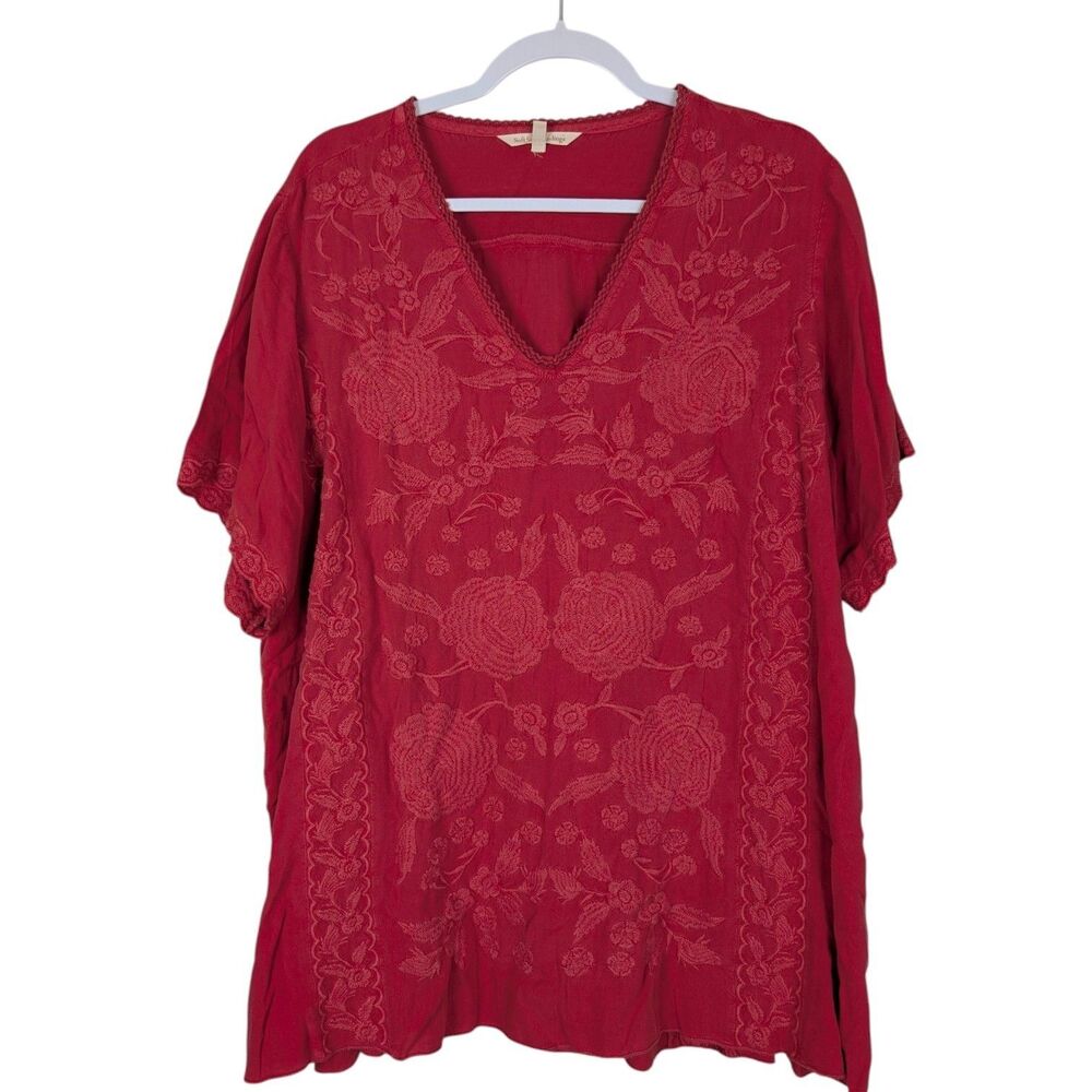 Soft Surroundings Top Womens 3X Red Embroidered Floral Short Sleeve V-Neck